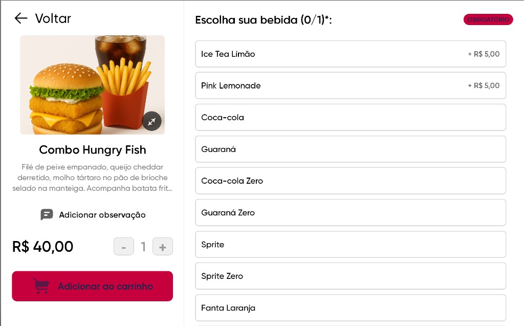 Tela de personalização de combo no app iHUNGRY Autoatendimento